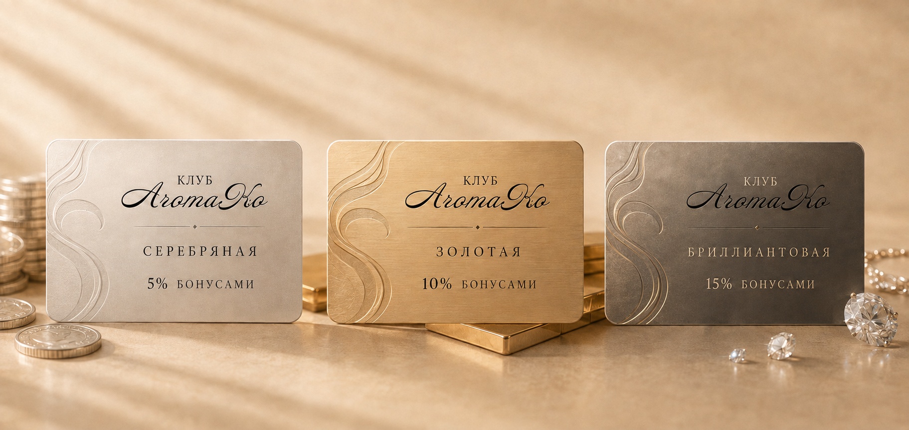 Серебряная, Золотая и Бриллиантовая карты клуба AromaKo