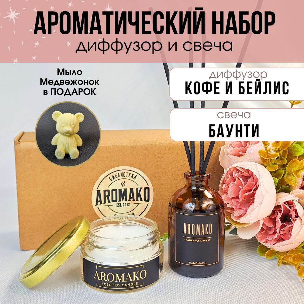 Подарочный набор AromaKo «Coffee & Baileys + Bounty», диффузор + свеча