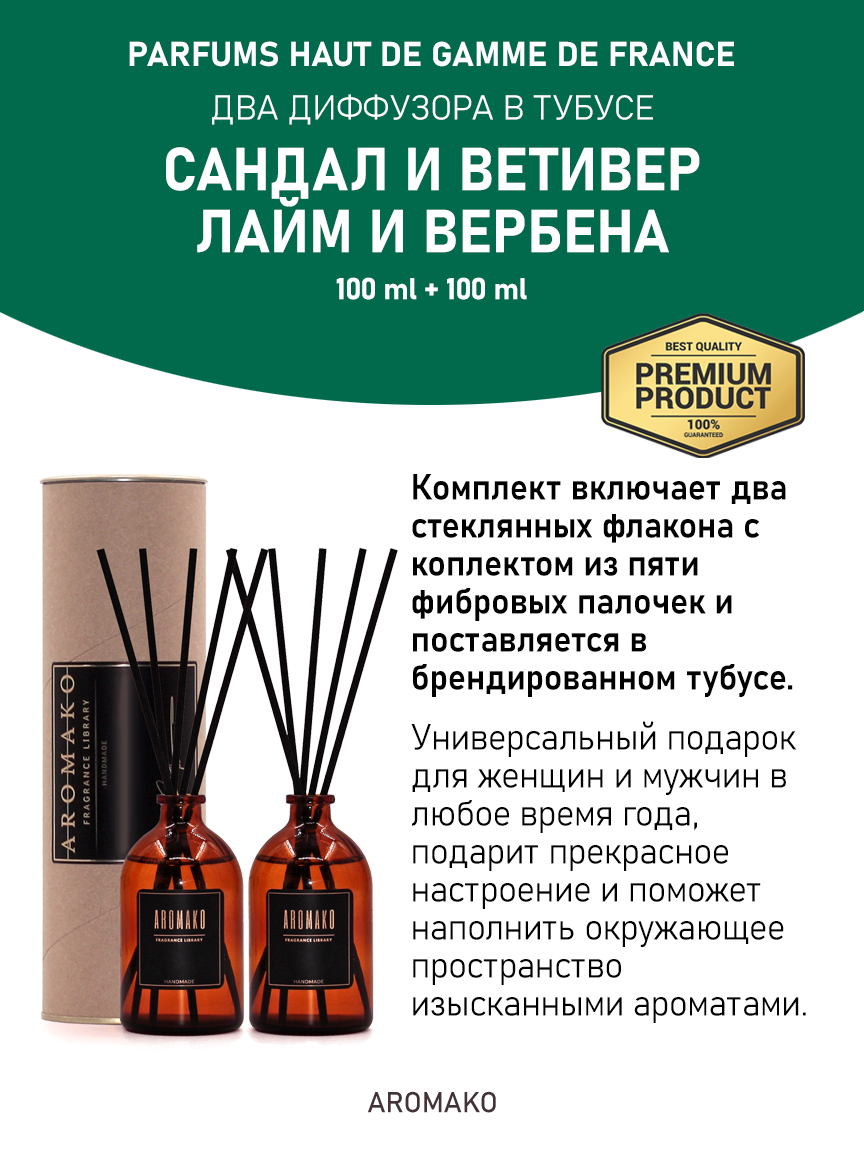 Набор аромадиффузоров AromaKo «Сандал и Ветивер + Лайм и Вербена»