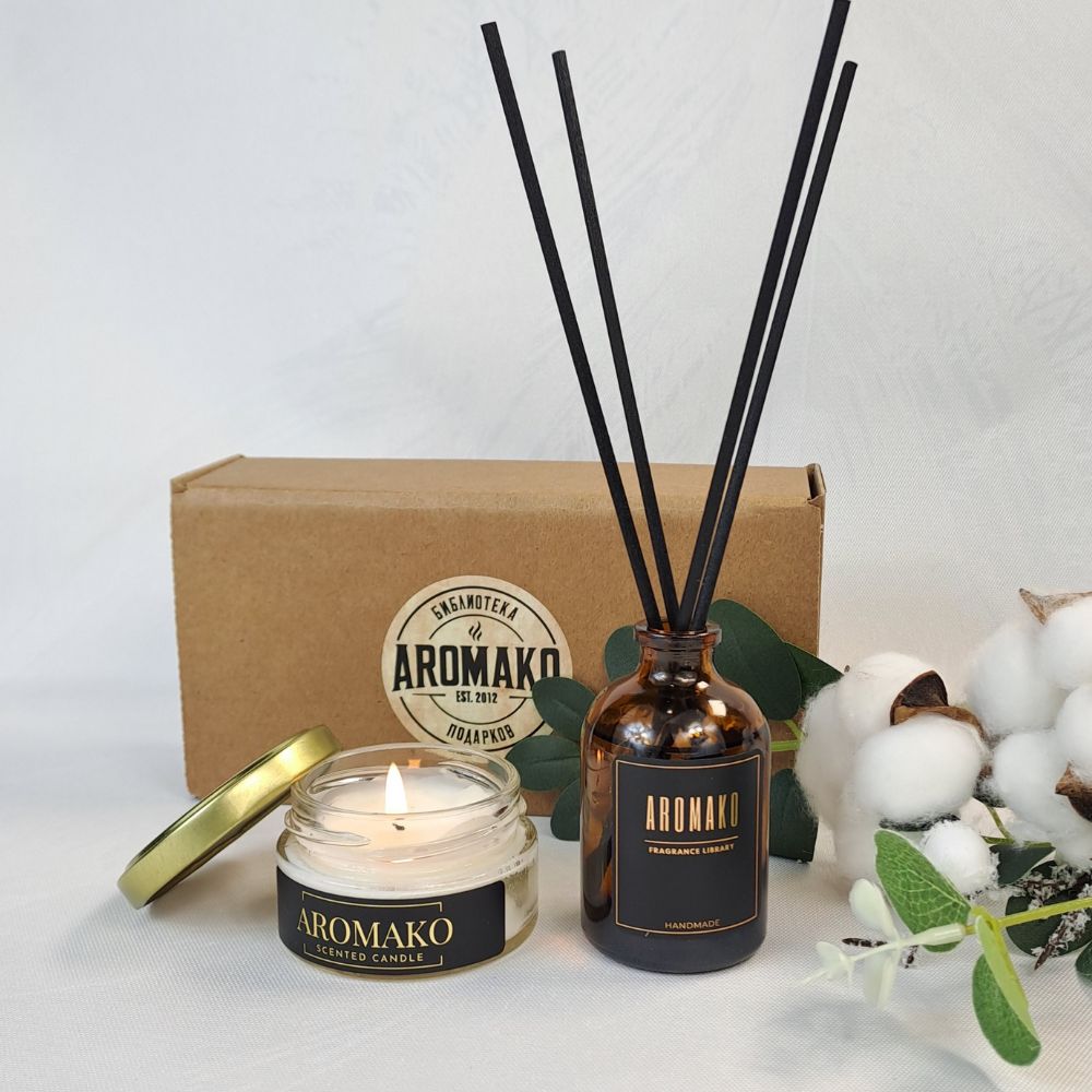 Подарочный набор AromaKo «Табак и ваниль + Пудра и шёлк», диффузор + свеча