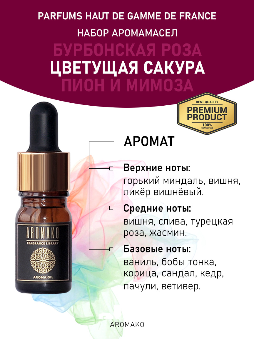 Подарочный набор аромамасел «Бурбонская роза + Цветущая сакура + Пион и мимоза», 3 × 5 мл