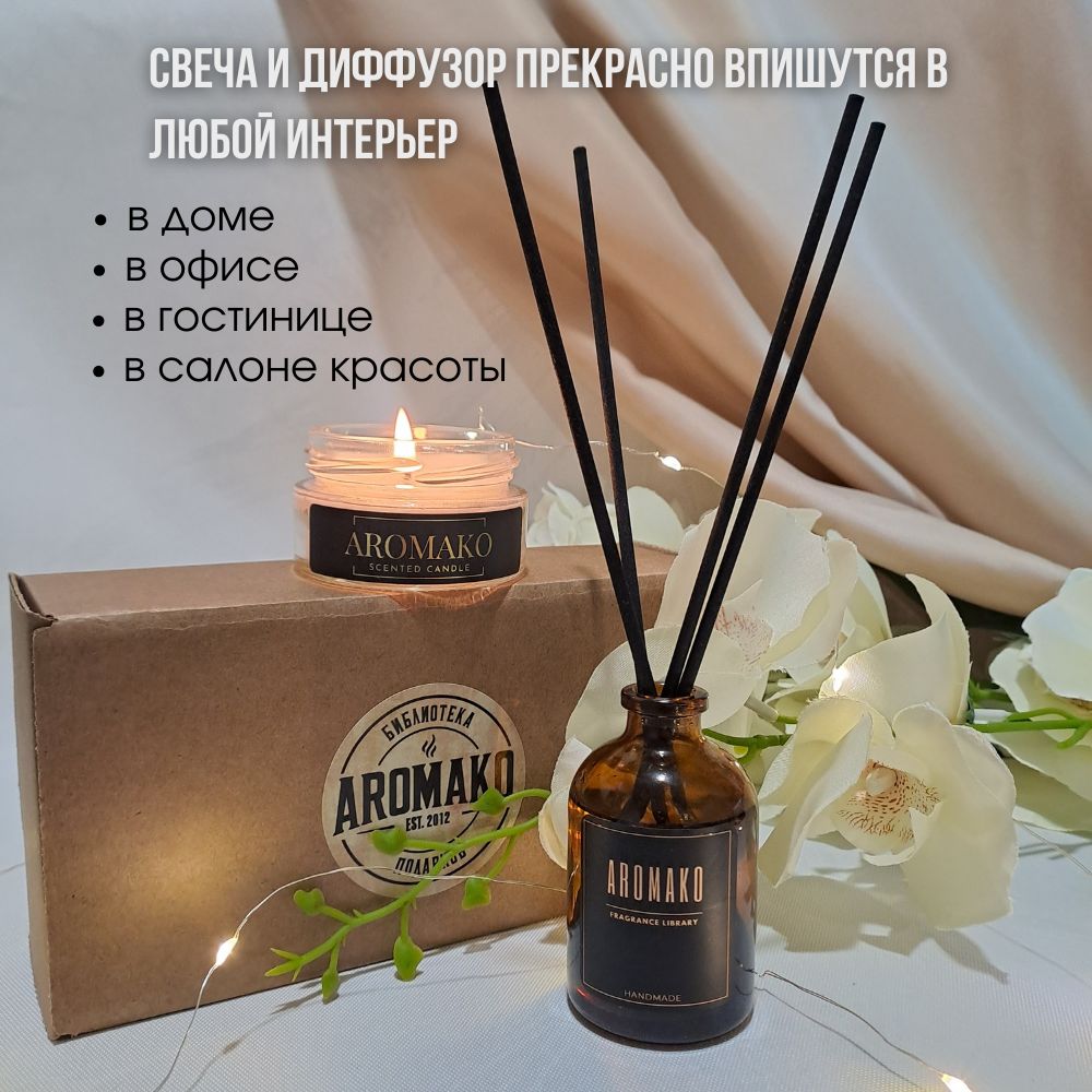 Подарочный набор AromaKo «Табак и ваниль + Пудра и шёлк», диффузор + свеча