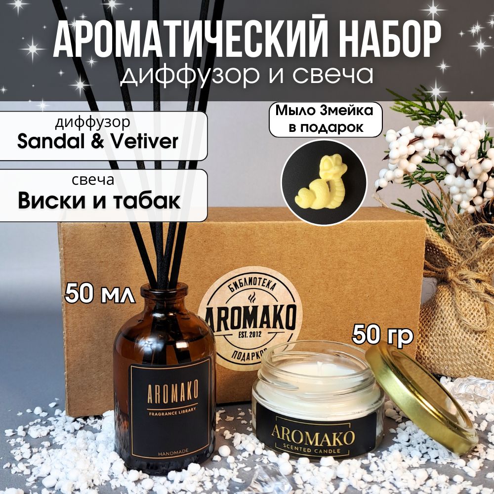 Подарочный набор AromaKo «Сандал и ветивер + Виски и табак», диффузор + свеча