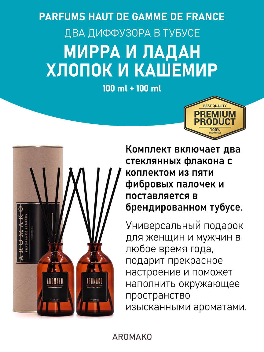 Набор аромадиффузоров AromaKo «Мирра и Ладан + Хлопок и Кашемир»